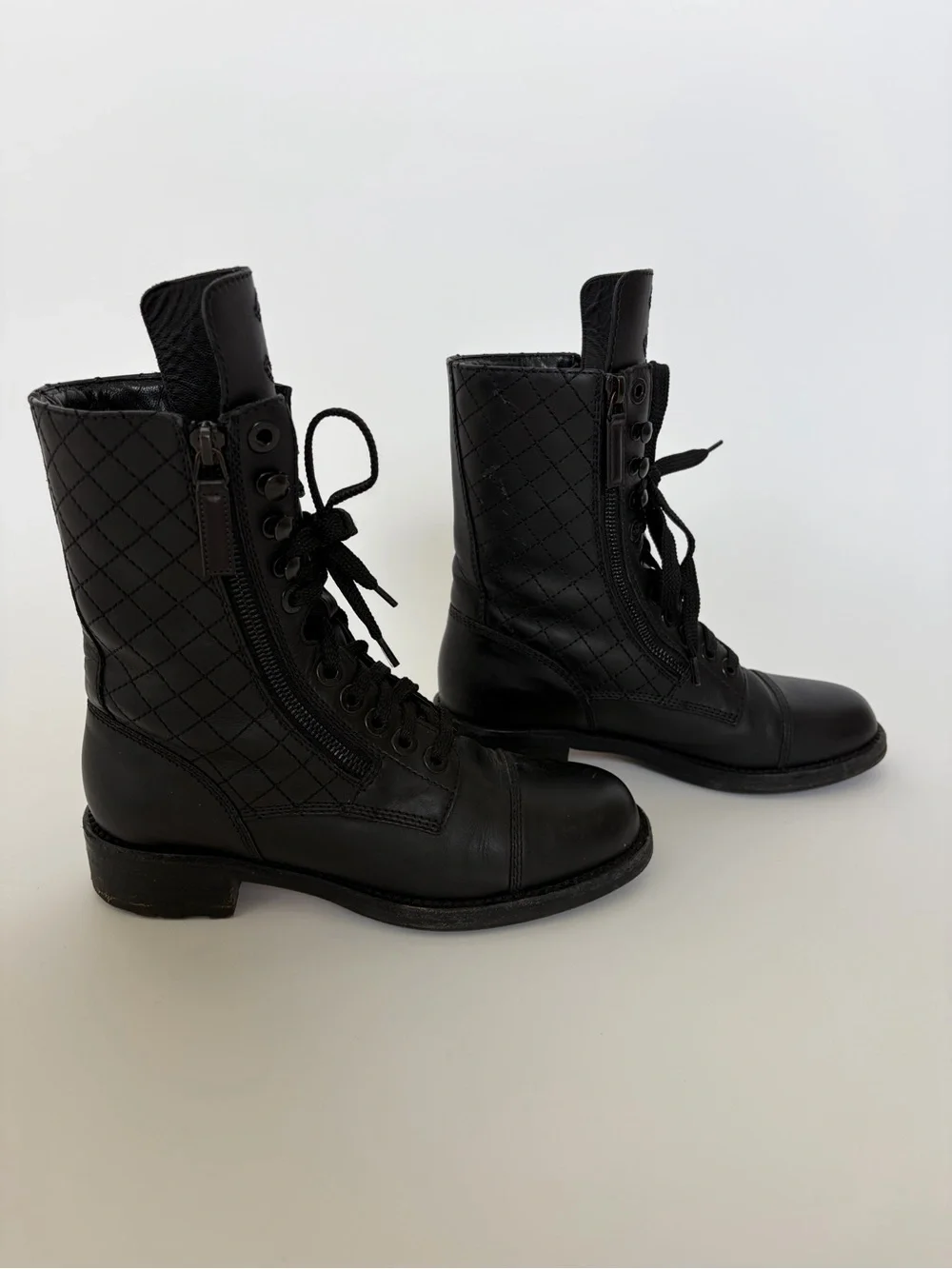 Chanel Iconic Logo Classic Calfskin Leather Diamond Stitch Combat Boots  size 37